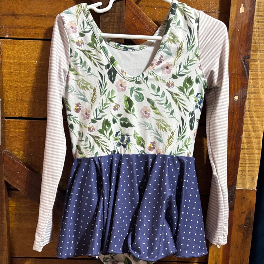 Cheeky Plum Floral and Dotted Dress with Striped Sleeves